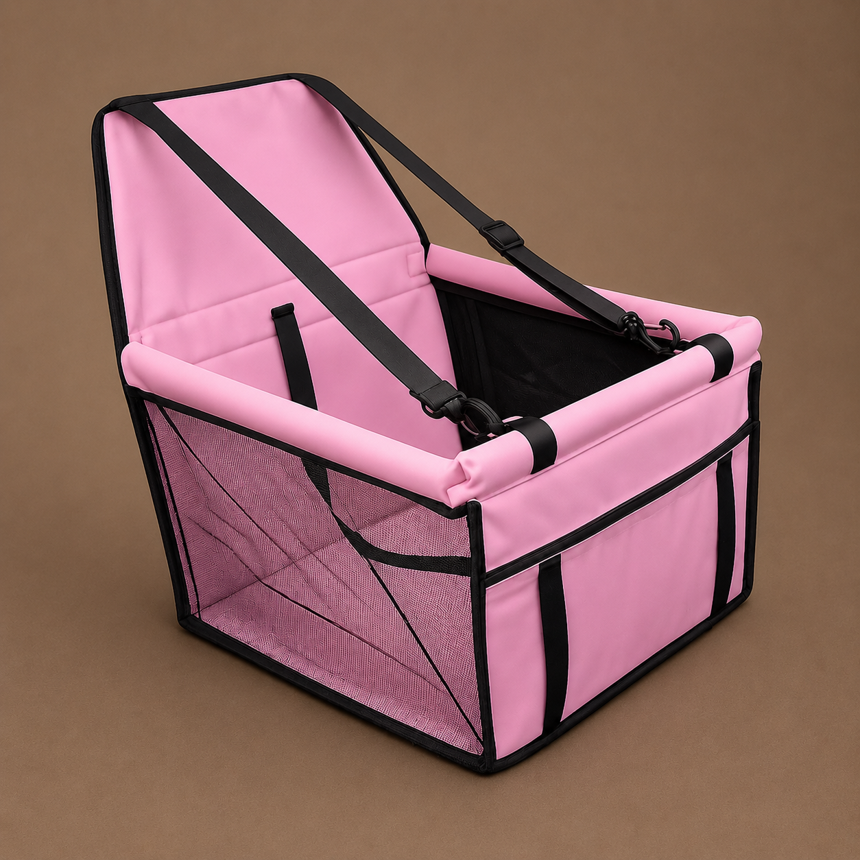 Luxury Label Blush Pink dog car travel seat and carrier with black straps.