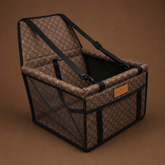 Luxury Label The Monaco dark brown patterned pet car seat /carrier with black straps.