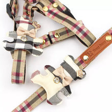 Load image into Gallery viewer, Luxury Tartan check collar with intricate bear detail with a jewel crown, diamentes and a bow.  Durable nylon design and easily washable. Dog Harness &amp; Leash set.