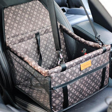 Load image into Gallery viewer, Luxe Pups ™ Luxury Louis Vuitton Inspired Car-Seat and Carrier for Dogs/Pets/Cats. Seatbelt features for safety for your pup. Leather and cotton. Zipper pocket.