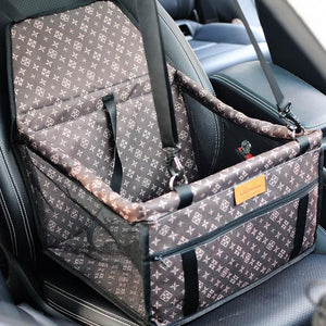 Luxe Pups ™ Luxury Louis Vuitton Inspired Car-Seat and Carrier for Dogs/Pets/Cats. Seatbelt features for safety for your pup. Leather and cotton. Zipper pocket.