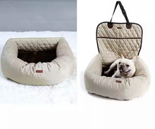 Load image into Gallery viewer, Luxe Pups ™ Luxury Extra Cosy Car-Seat and Carrier for Dogs/Pets/Cats. Seatbelt features for safety for your pup. Leather and cotton. Fluffy padded seat with fleecy inner lining. Cream design with black padding. French Bulldog.