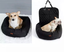 Load image into Gallery viewer, Luxe Pups ™ Luxury Extra Cosy Car-Seat and Carrier for Dogs/Pets/Cats. Seatbelt features for safety for your pup. Leather and cotton. Fluffy padded seat with fleecy inner lining. Black design. French Bulldog. 