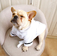 Load image into Gallery viewer, Luxe Pups ™ Slogan Dog Dressing Gown. White Belted &#39;This Dog Loves Sleep&#39; Cotton Robe with Bel