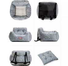Load image into Gallery viewer, Luxe Pups ™ Luxury Extra Cosy Car-Seat and Carrier for Dogs/Pets/Cats. Seatbelt features for safety for your pup. Leather and cotton. Fluffy padded seat with fleecy inner lining. Starry night design with black straps. 