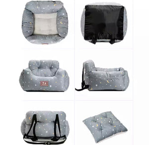 Luxe Pups ™ Luxury Extra Cosy Car-Seat and Carrier for Dogs/Pets/Cats. Seatbelt features for safety for your pup. Leather and cotton. Fluffy padded seat with fleecy inner lining. Starry night design with black straps. 
