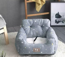 Load image into Gallery viewer, Luxe Pups ™ Luxury Extra Cosy Car-Seat and Carrier for Dogs/Pets/Cats. Seatbelt features for safety for your pup. Leather and cotton. Fluffy padded seat with fleecy inner lining. Starry night design.