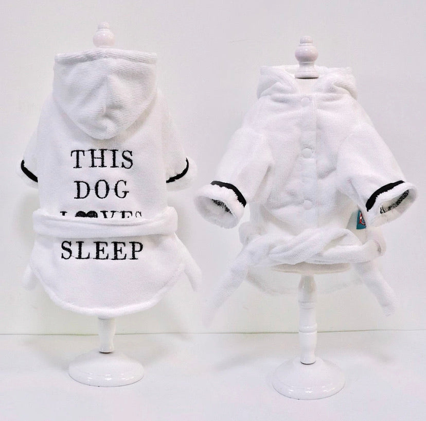 Luxe Pups ™ Slogan Dog Dressing Gown. White Belted 'This Dog Loves Sleep' Cotton Robe with Belt.